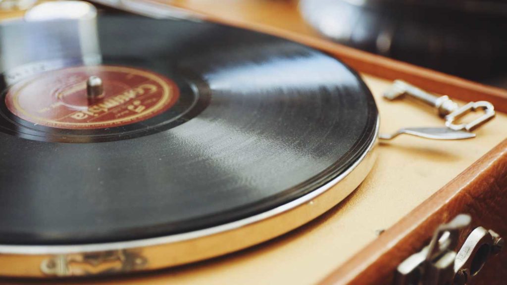 Close up of Vinyl record on turntable